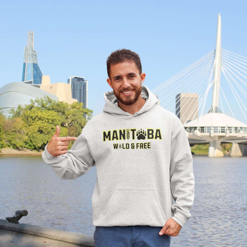 Get ready to embrace your inner wild with this Manitoba hoodie, featuring a bear paw for the ‘O’ and wheat for the ‘I’—because nothing says ‘wild and free’ like a province where bears and wheat fields both thrive.